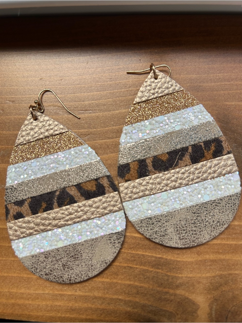 Gold and Leopard Stripe Teardrop Earrings - Sparkle Layered Design